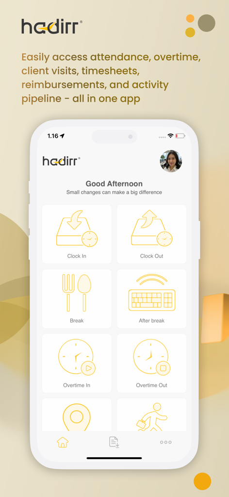 Hadirr mobile app dashboard for attendance and time tracking