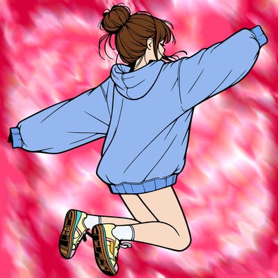realistic girl jumping with a bun and oversized sweatshirt