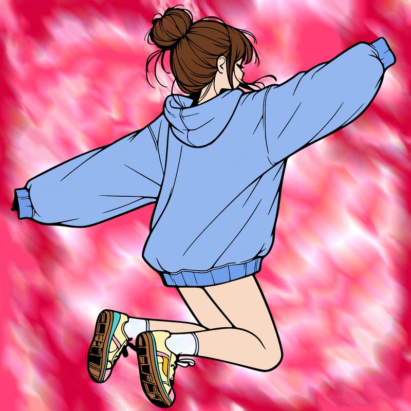 realistic girl jumping with a bun and oversized sweatshirt