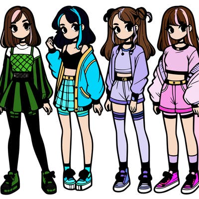 one girl with crop-top shirt and a jacket with a skirt, long socks and another girl with a shirt and pants with a jacket