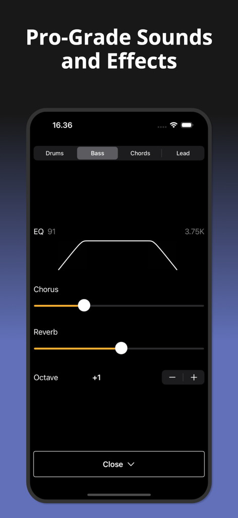 Songen: Instant MIDI Generator - Interface of the Songen app showing professional audio effects including EQ, chorus, and reverb settings for bass tracks.