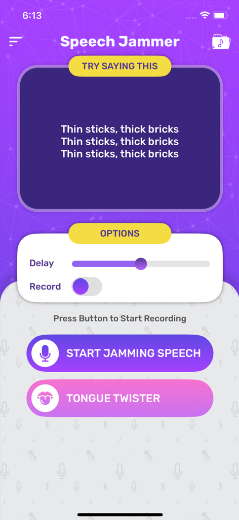 Speech Jammer° - Interface of the Speech Jammer app displaying a tongue twister with audio delay and recording controls