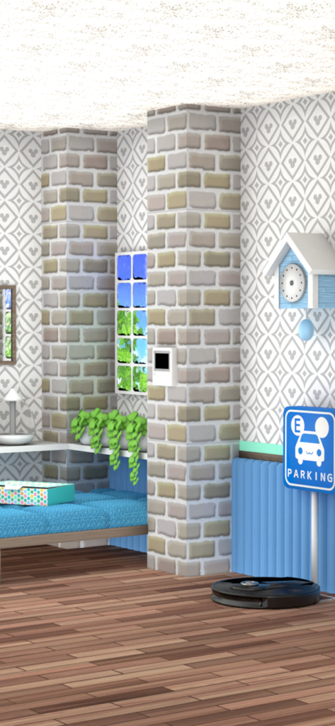 Escape Game Work From Home - Cozy room interior with brick columns a robot vacuum and a cuckoo clock