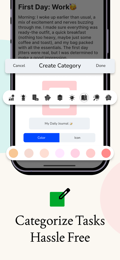 Note.s Taking App - NotesU - Interfaz de la aplicación NotesU que muestra la pantalla de creación de categorías con colores personalizados y selección de iconos.