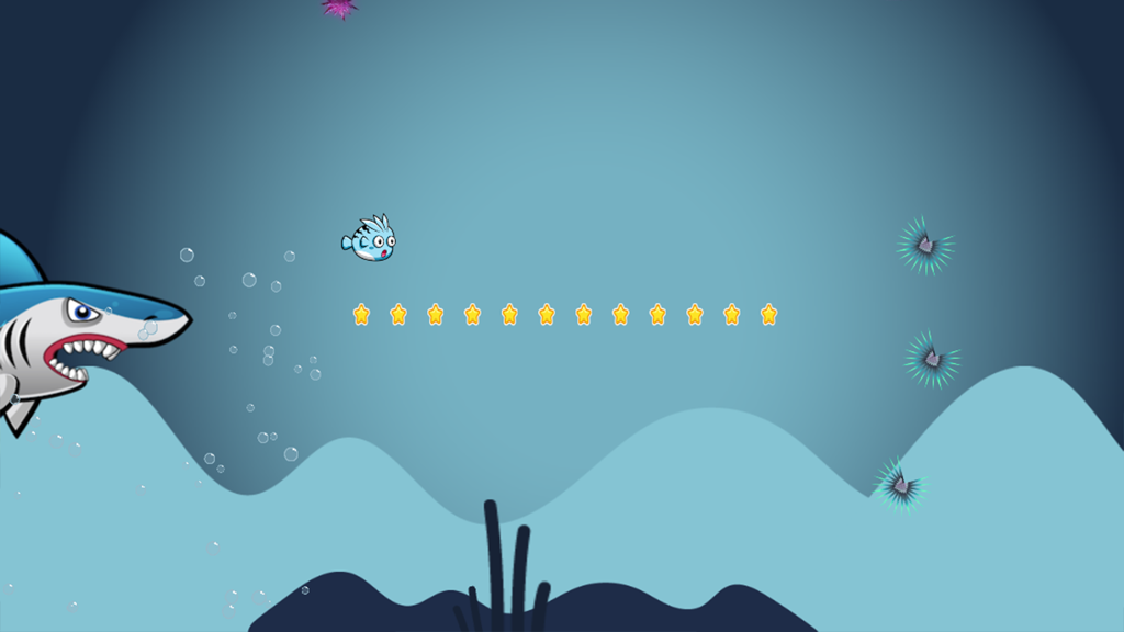Un pequeño pez azul siendo perseguido por un gran tiburón en un juego de arcade de desplazamiento lateral submarino con estrellas y obstáculos