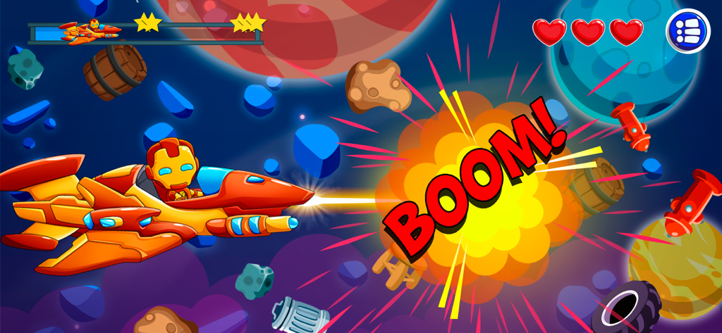 Vlad and Niki superhero in a spaceship shooting lasers with a comic style explosion in space