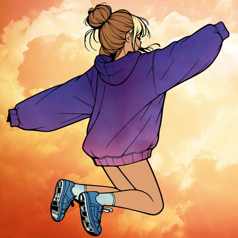 realistic girl jumping with a bun and oversized sweatshirt