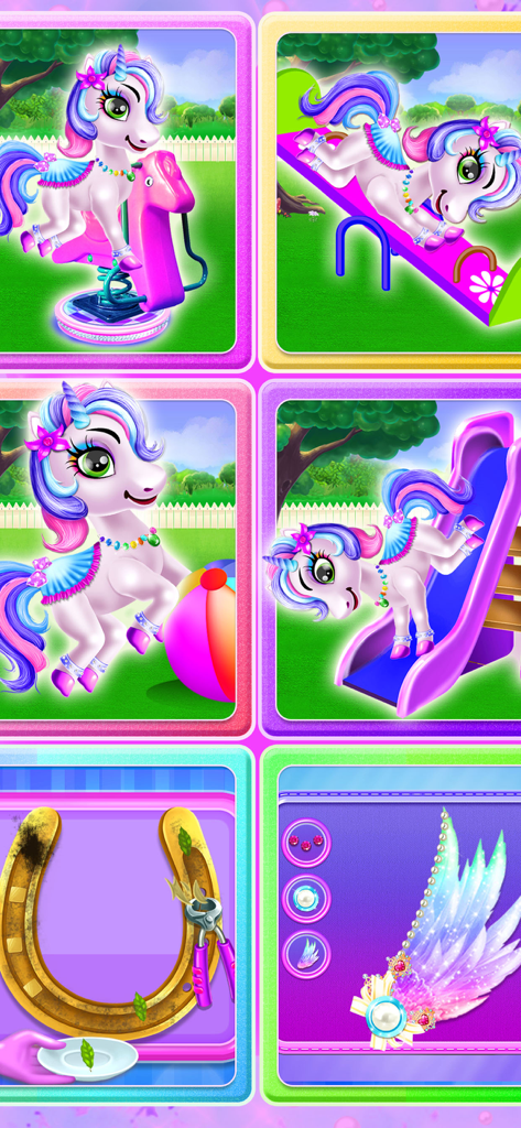 Pony Dress up - Pony Games - Gameplay screenshots showing a unicorn at a playground, grooming a horseshoe, and dress-up accessories.