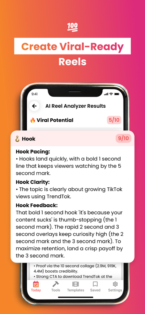 ReelTrends Templates & Sounds - ReelTrends app screen displaying AI Reel Analyzer results with a high hook score and viral potential analysis