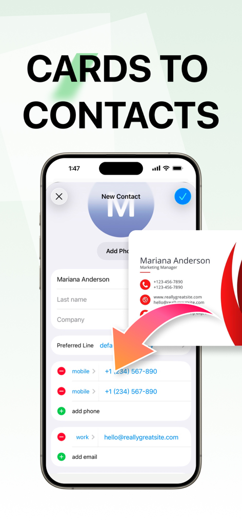 Interfaz que muestra la conversión de una tarjeta de visita física en un contacto digital utilizando la aplicación Lens PDF Scanner