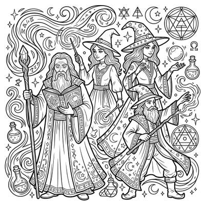 Step into a world of enchantment with this detailed coloring page featuring powerful wizards and wise witches. Explore a scene rich with magical symbols, staffs, and spell books, ready for your creative touch.