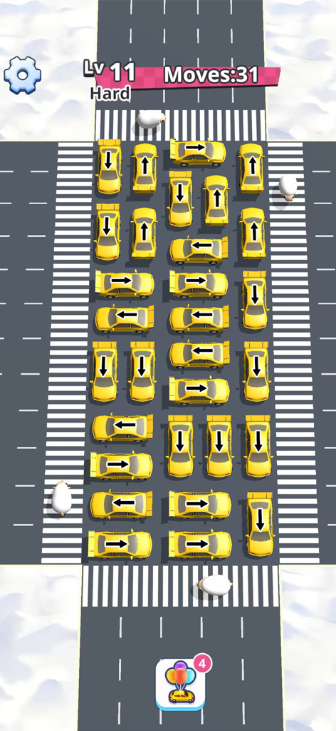 Traffic 3D Parking: Escape Jam - Gameplay screenshot of Traffic 3D Parking showing yellow cars in a grid puzzle