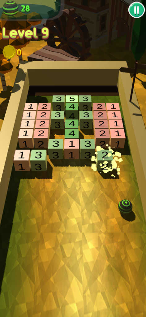Bricks 3D Breaker - A 3D brick breaker game screen showing a striped ball hitting numbered blocks in a medieval themed level.