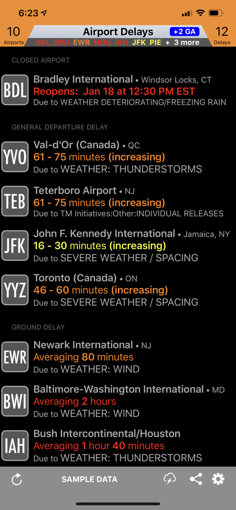 FAAwait app screenshot showing real time airport delays ground stops and weather impact status for multiple US airports