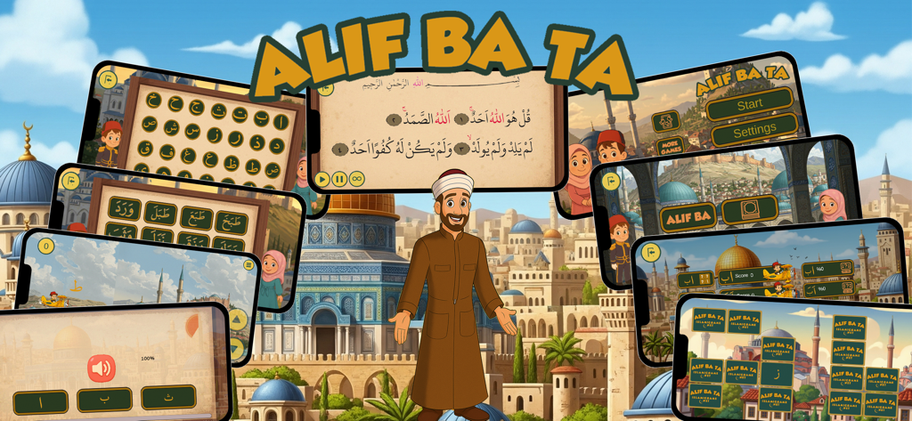 Collage of Elif Ba Ta app screens showing interactive Arabic alphabet lessons and educational games for children
