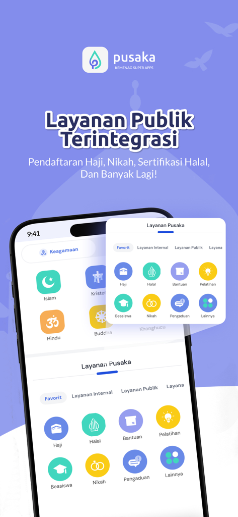 Smartphone screen showing the Pusaka app interface with integrated public services icons for religious activities and education.
