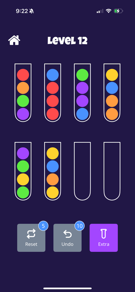 Brain Training: Logic puzzles - Gameplay screen of a ball sort logic puzzle with colorful spheres in tubes