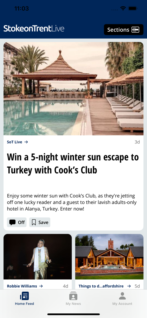 Stoke on Trent Live news app home feed showing a travel competition and local news articles