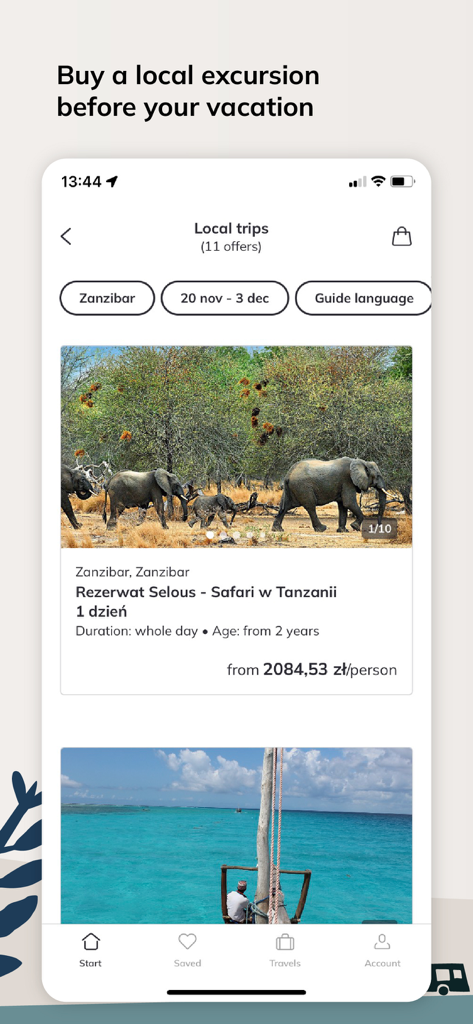 A mobile screen from the Itaka travel app displaying local safari trip options in Tanzania.