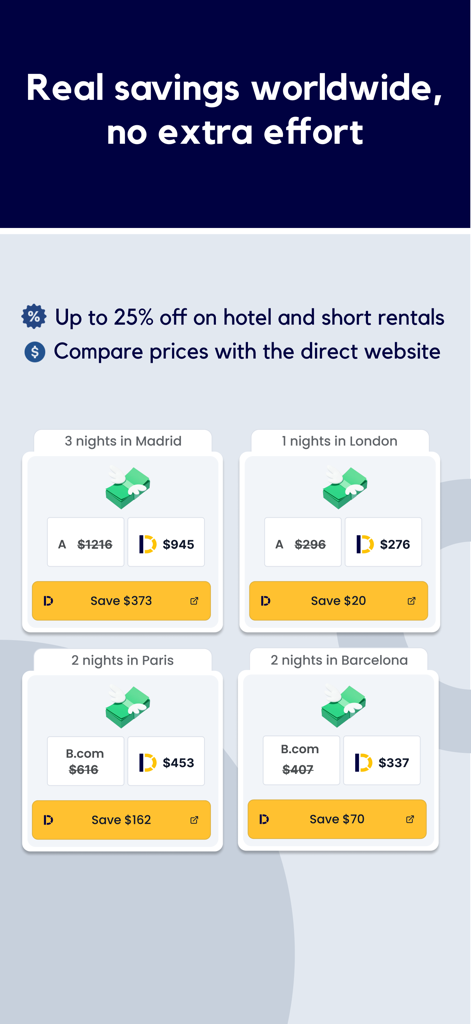Directo extension - Directo extension screenshot showing hotel and rental price savings in major cities