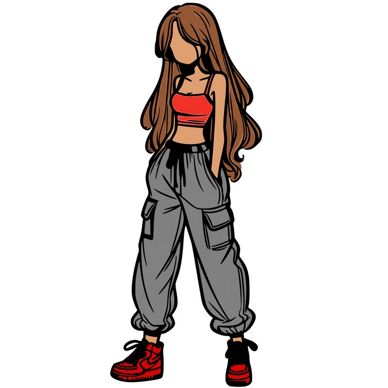 girl in baggy pants crop top and long hair