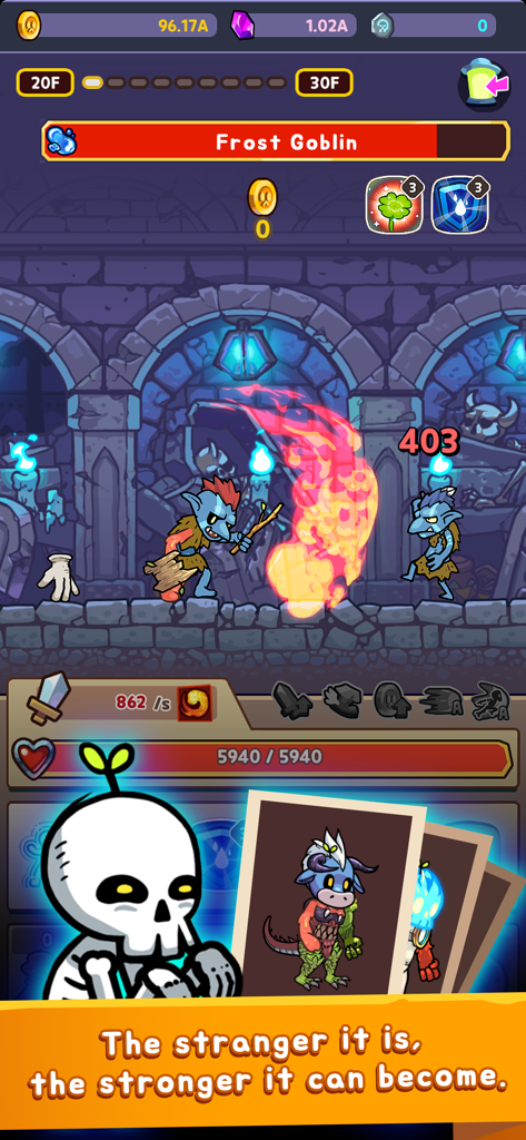 Hybrid Warrior - Herói esquelético lutando contra um Goblin de Gelo no RPG Hybrid Warrior