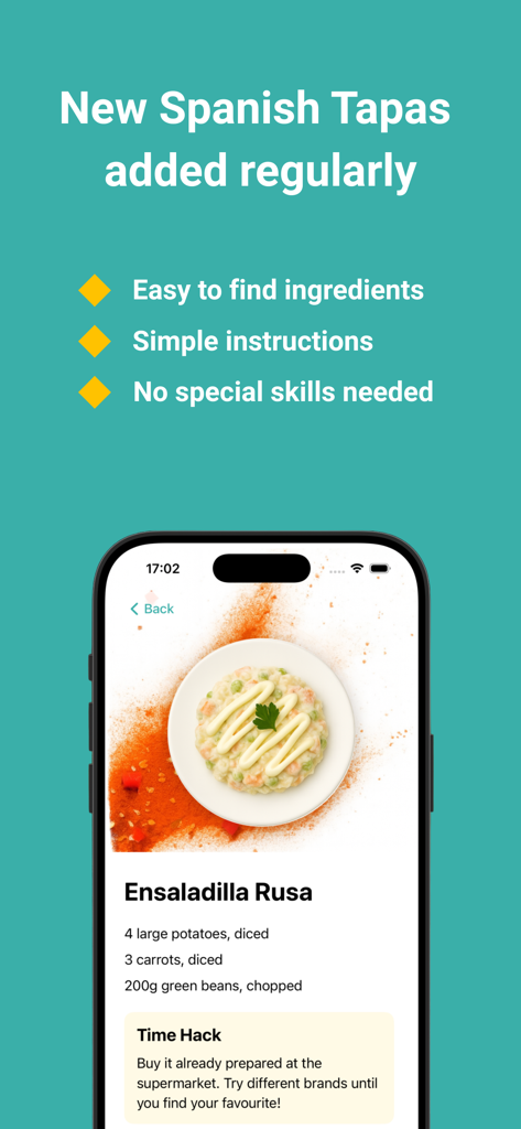 Tapas Spinner - Pantalla móvil que muestra una receta de tapas españolas para Ensaladilla Rusa con instrucciones e ingredientes sencillos