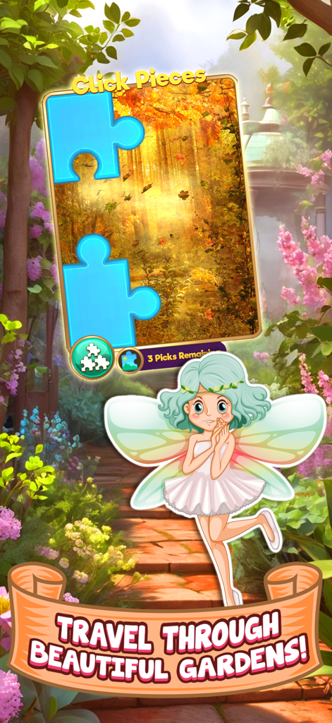 Bingo game Quest Summer Garden - A cartoon fairy in a lush garden next to a puzzle piece minigame screen
