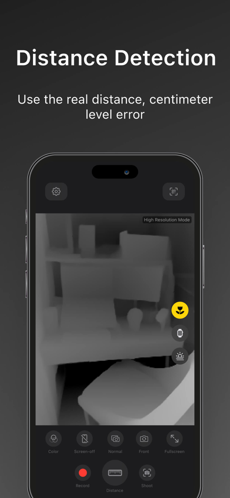Night Vision - LiDAR Camera - iPhone App-Oberfläche zeigt Echtzeit-Entfernungserkennung mit LiDAR-Tiefenwahrnehmungstechnologie