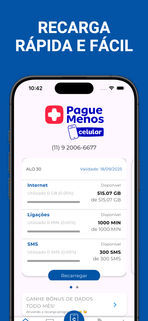 Interfaccia dell'app mobile di Pague Menos Celular che mostra i saldi dati, chiamate e SMS con un pulsante di ricarica