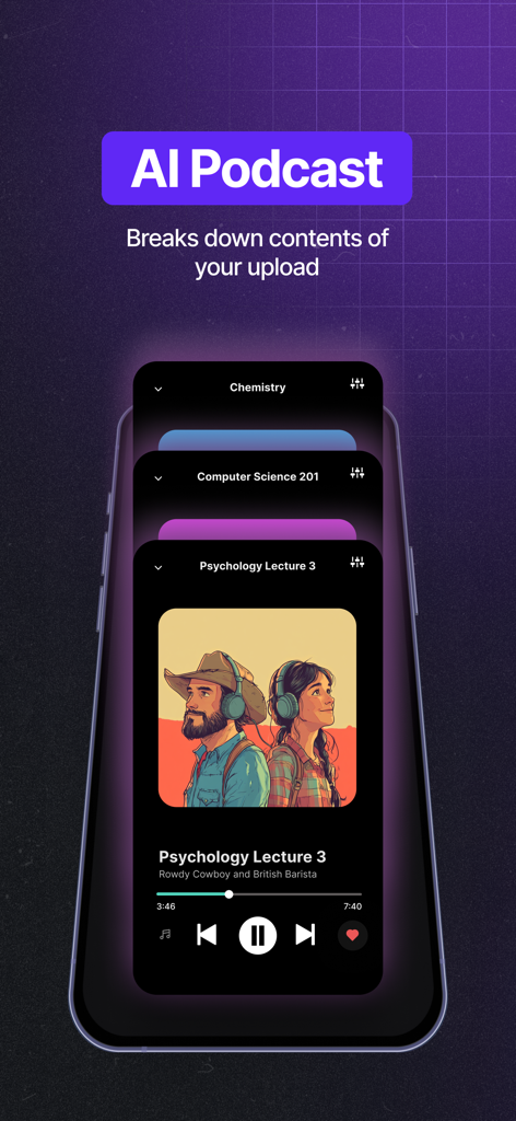 Turbo AI - Notetaker - Turbo AI app interface displaying an AI generated podcast from a psychology lecture