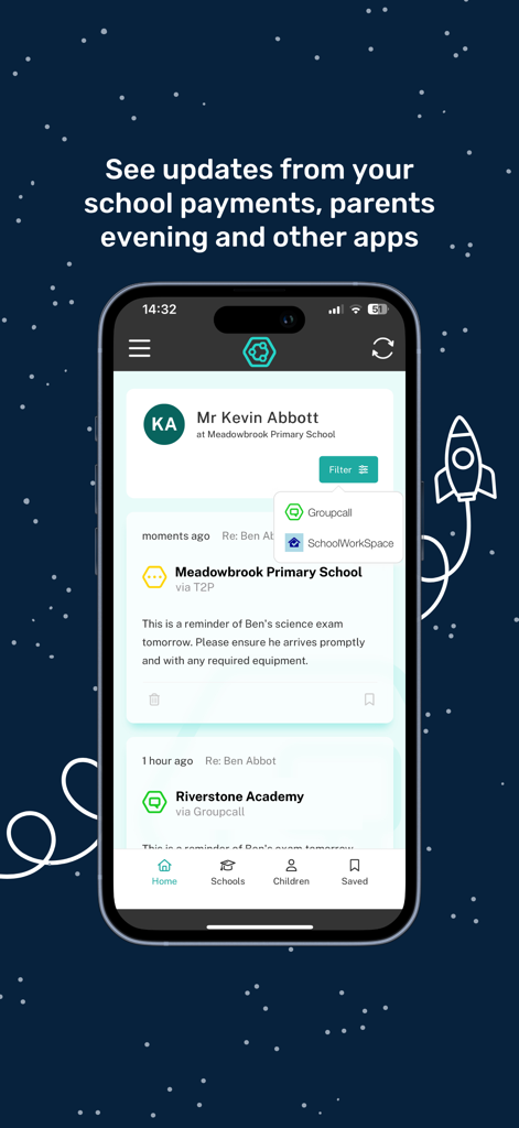 Eduspot - Eduspot mobile app home screen showing a timeline of school updates and messages