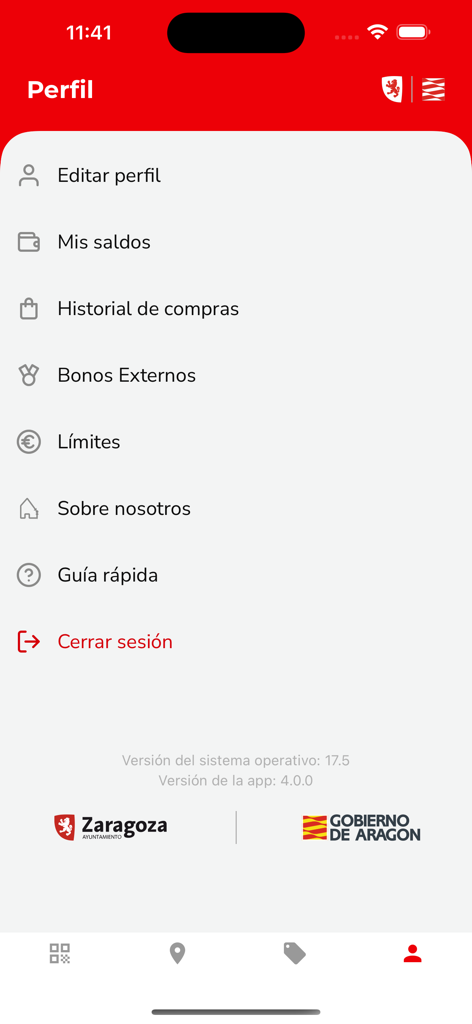 Volveremos - 잔액, 구매 내역, 지역 정부 로고와 같은 메뉴 옵션을 보여주는 Volveremos 앱의 사용자 프로필 인터페이스