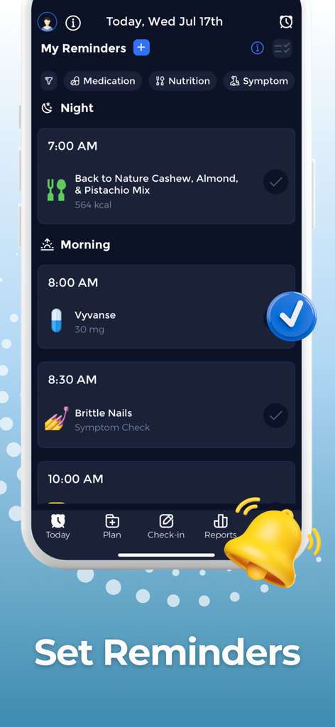 Interface do aplicativo Esana mostrando a agenda diária com lembretes de medicação nutricional e sintomas