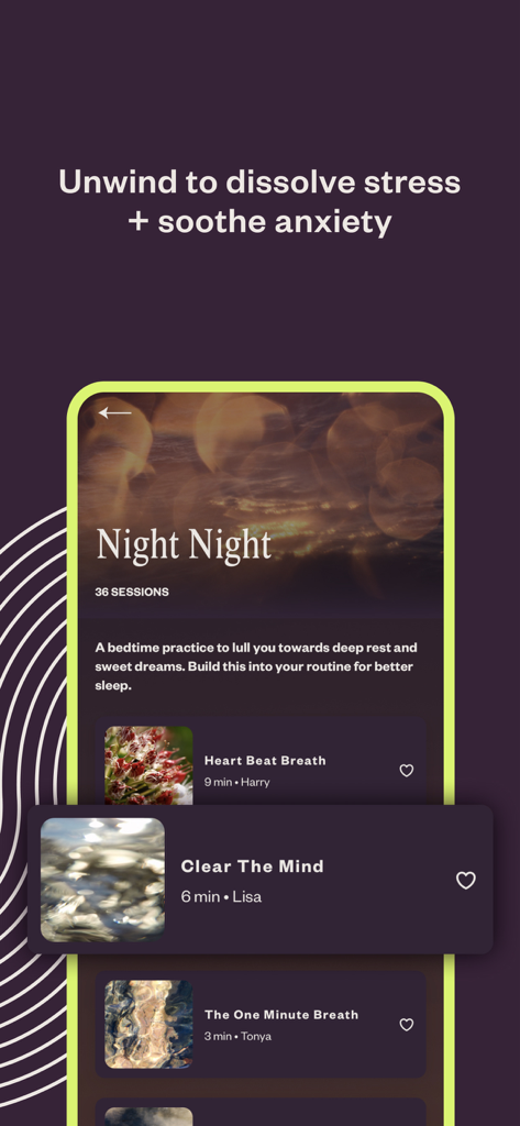 Othership app screen showing Night Night bedtime breathwork sessions to dissolve stress and soothe anxiety.