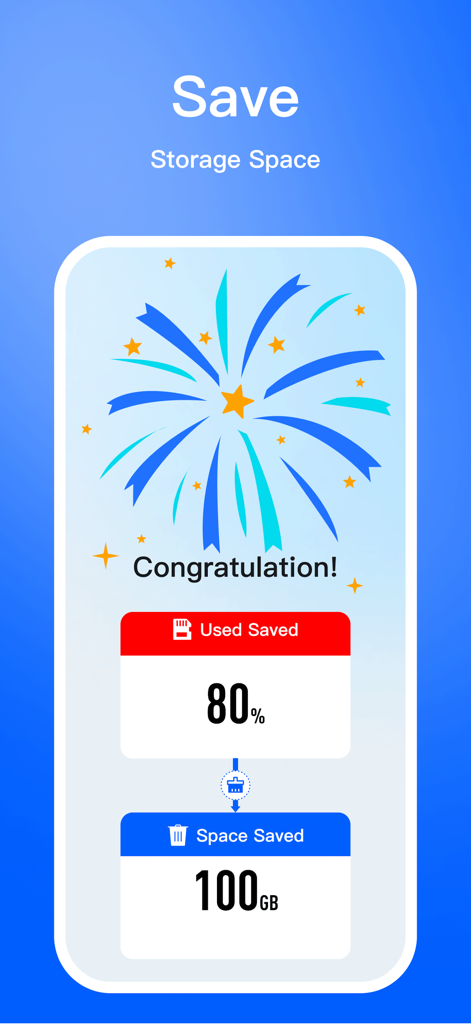 Storm Cleaner-Clean up storage - Storm Cleaner app success screen showing 100GB of storage space saved and 80 percent of used storage managed