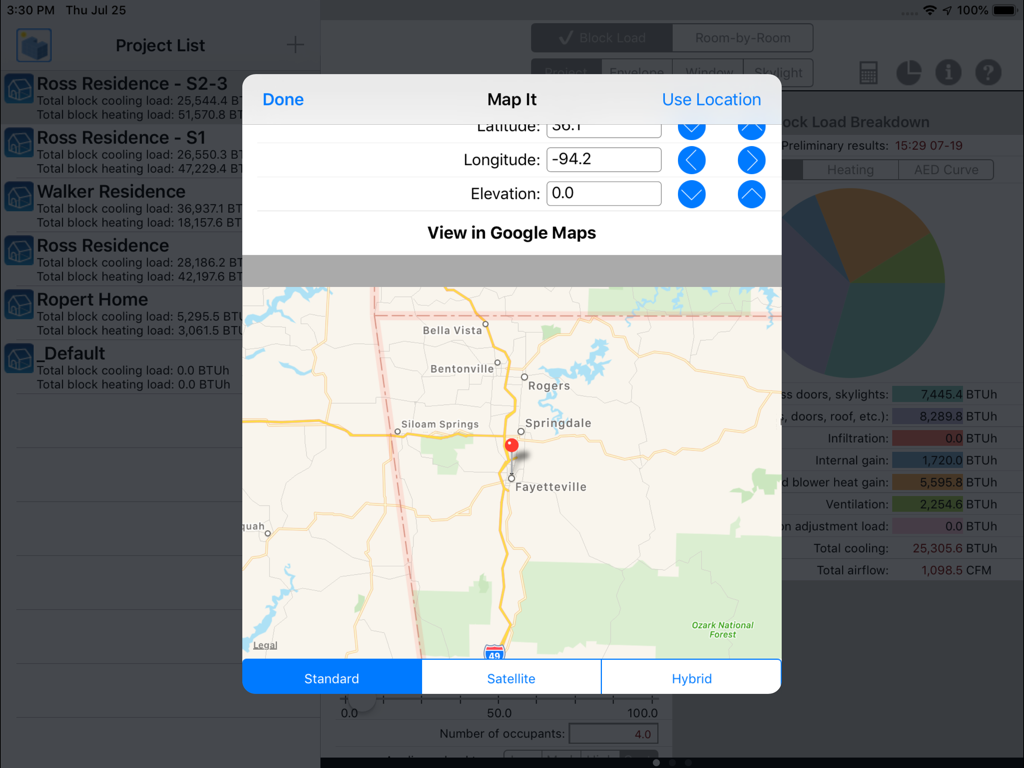 HVAC ResLoad-J - iPad screenshot of HVAC ResLoad-J showing the Map It feature for project location coordinates