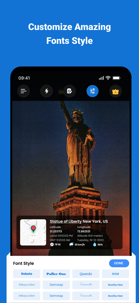 Interfaz de la aplicación GPS Map Camera mostrando personalización de fuentes para sellos de ubicación en una foto de la Estatua de la Libertad