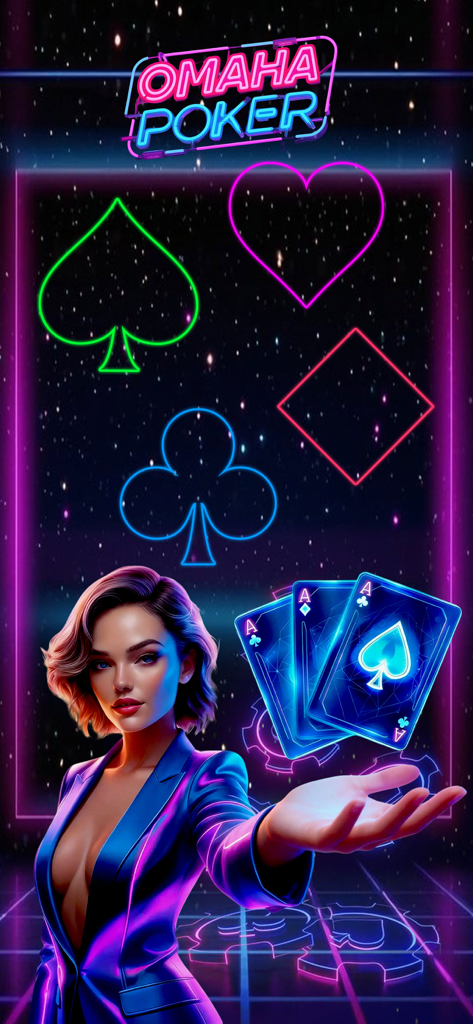 Omaha Poker™- Unlimited Play - Neon Omaha Poker logo with a woman dealer holding glowing blue ace cards