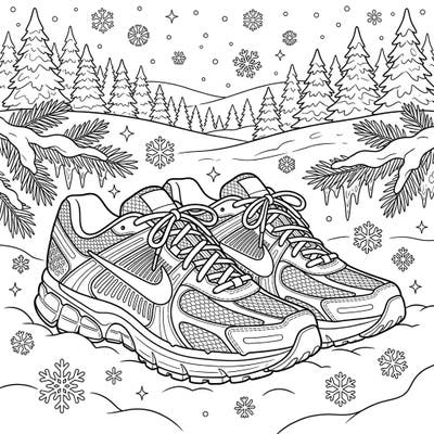 Discover the unique charm of running shoes amidst a serene winter wonderland. This coloring page invites you to bring vibrant life to a frosty landscape filled with delicate snowflakes and evergreen trees.