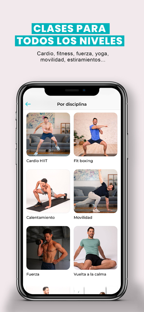 El Método Funcional - Mobile app interface displaying various workout categories including cardio hiit, fit boxing, strength, and mobility
