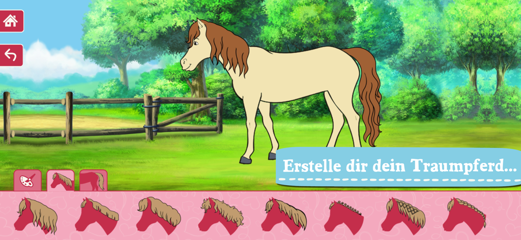 Schermata che mostra le opzioni di personalizzazione del cavallo nell'app Bibi and Tina