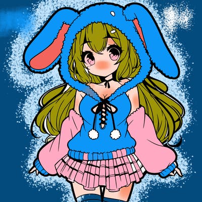 pretty anime girl wearing a fluffy hoodie with bunny ears on the hood and a skirt