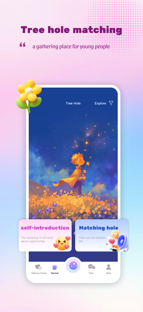 Interfaz de aplicación móvil que muestra la función de coincidencia de agujero de árbol con una ilustración caprichosa de un niño bajo un cielo estrellado