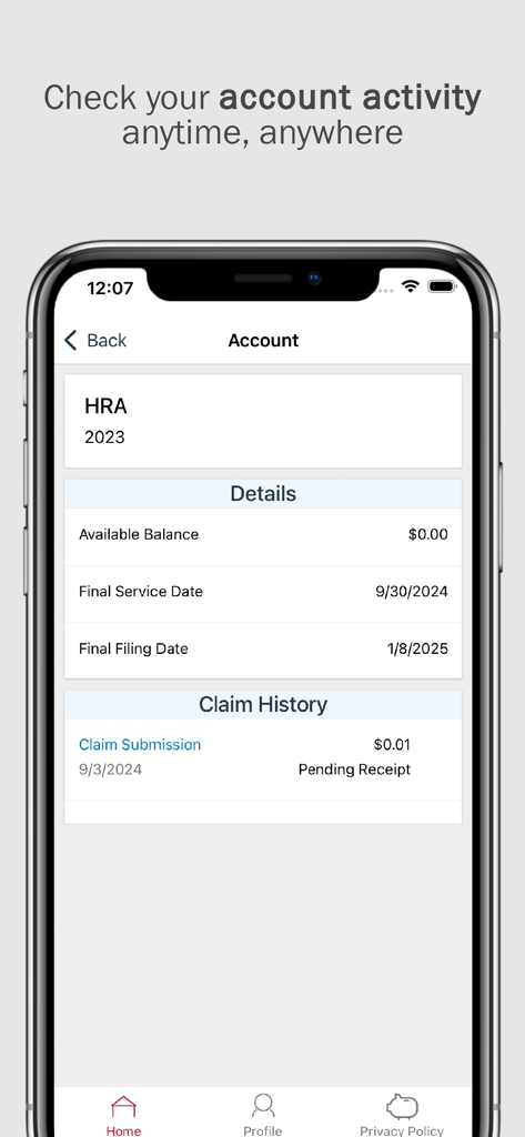 Benefits by WEX app screen displaying HRA account details including available balance and claim history status.