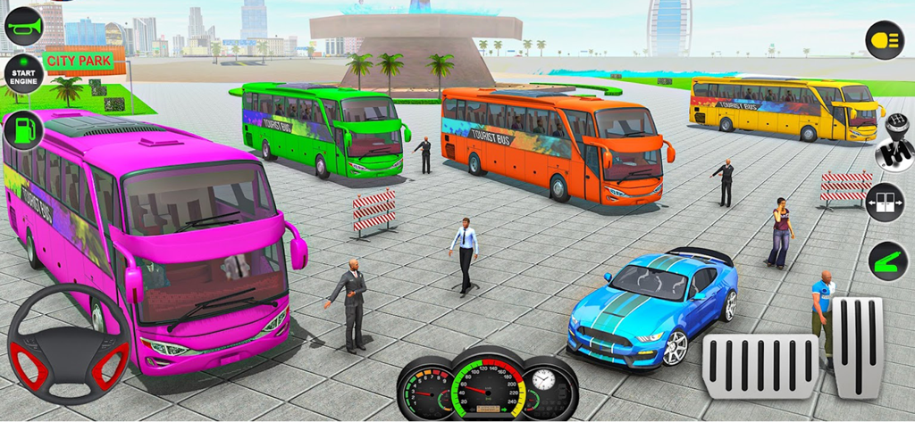 Coach City Bus Simulator Games - Various colorful coach buses parked in a city plaza with game driving controls