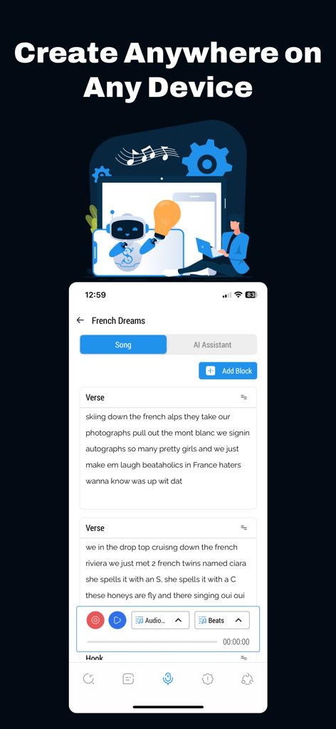 Songwriter's Pad app interface for cross-device songwriting with AI lyrics and recording tools