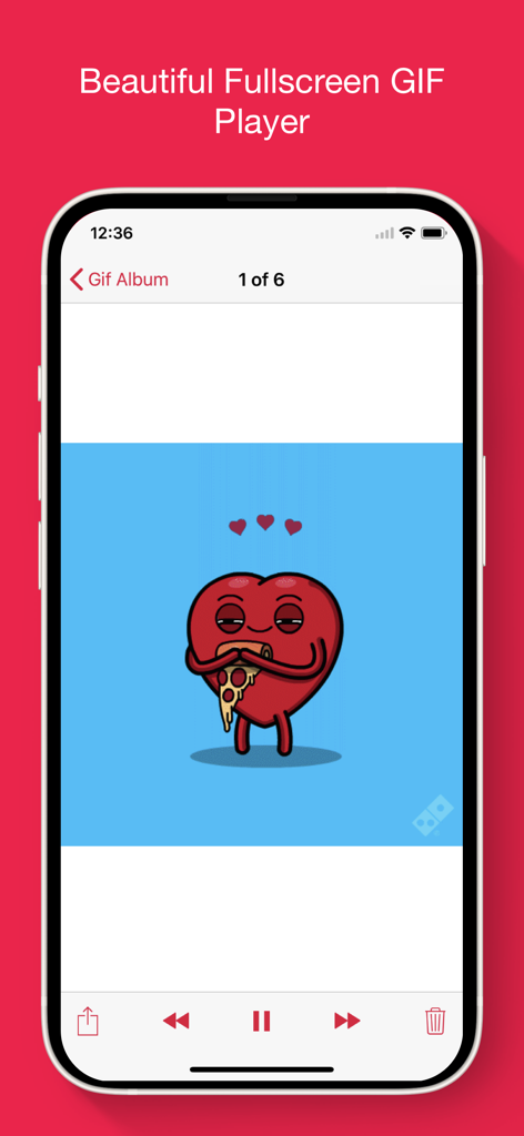 Gif Viewer & Player - Gif Viewer and Player app displaying a red heart character eating pizza on an iPhone screen.