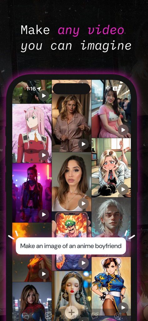Channel - AI Videos and Chat - Mobile app interface displaying a gallery of AI generated character videos and a prompt to create an anime boyfriend image