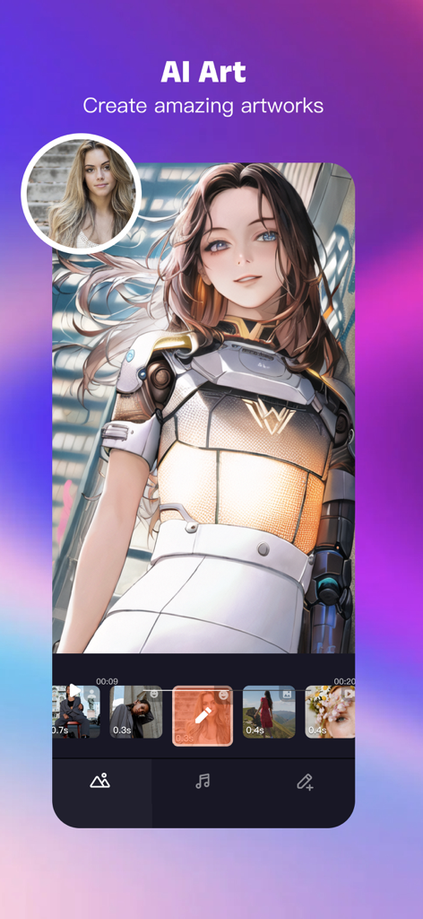 Écran de l'application Tempo montrant la fonction Art IA transformant un portrait en personnage de style anime